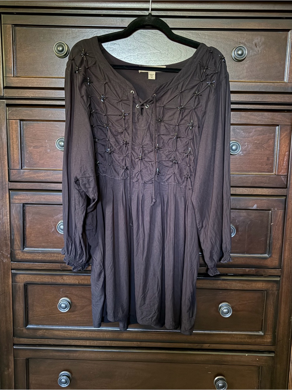 Old Navy Black Smocked Lace-Up Long Sleeve Tunic Dress
